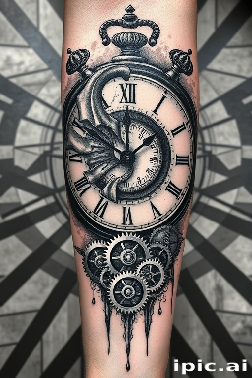 Surrealist blackwork tattoo called "Temporal Illusion" portraying a melting clock face intertwined with anatomically correct gears and cogs, juxtaposed against a backdrop of stark geometric patterns, creating a powerful visual metaphor for the passage of time, ideal for forearm or calf placement