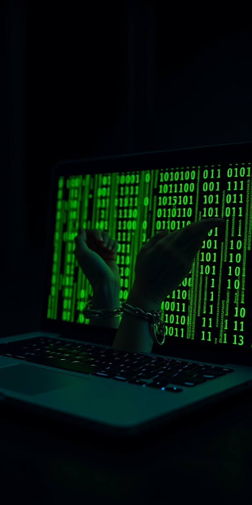 A person with hands handcuffed emerging from a laptop screen, surrounded by flowing green binary code, shot with a Canon EOS R5, 50mm lens at f/2.8, ISO 200, 1/125s, in a darkened room with backlighting to enhance contrast.