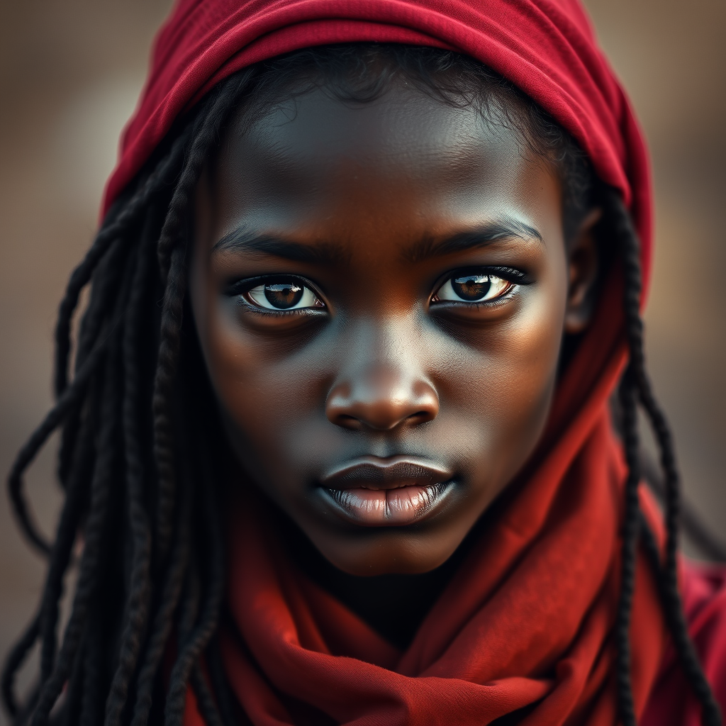 Create a portrait of a young Melanesian male with long, dark hair and captivating hazel eyes. She is wearing a red headscarf and a matching scarf draped gracefully around her neck. The background is softly blurred, focusing attention on her serene and natural expression. The overall color palette is muted and warm, enhancing the intimate and authentic feel of the portrait.
