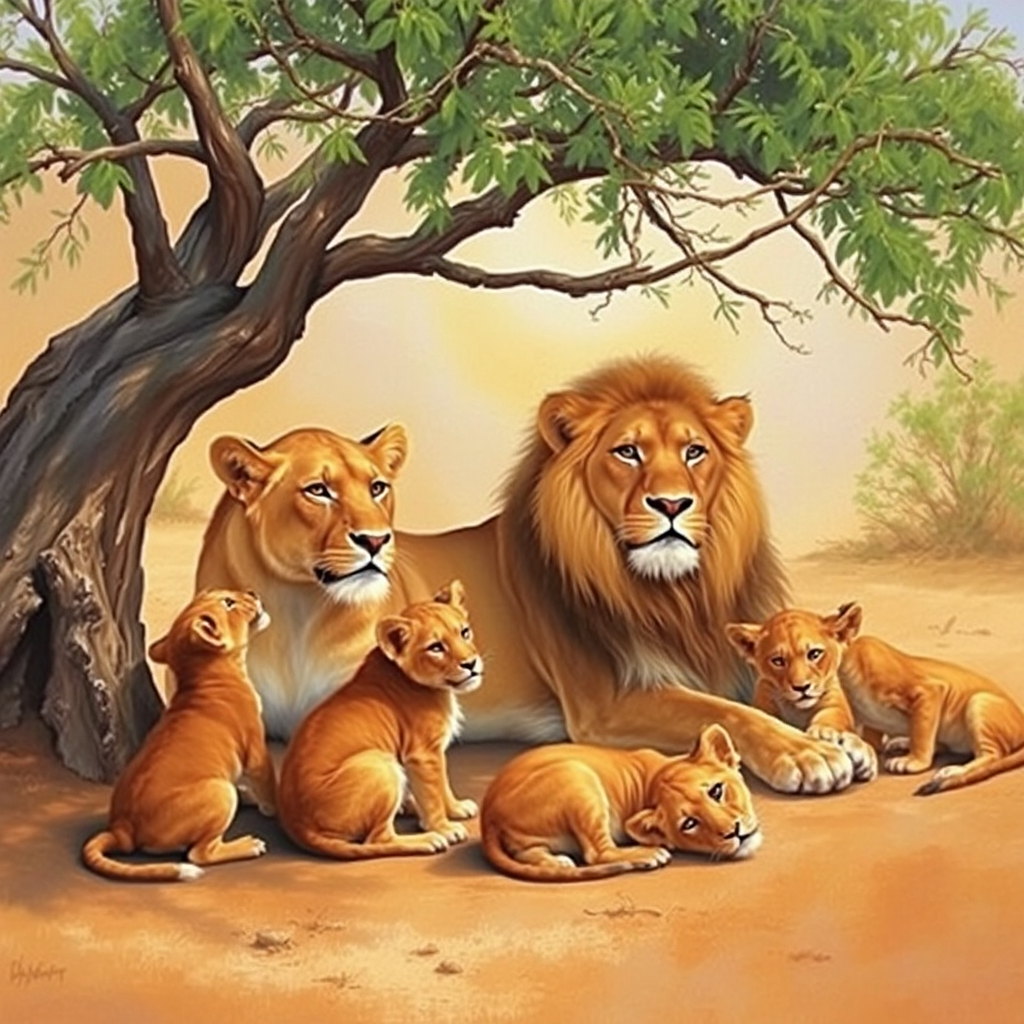 a beautiful realistic oil painting of a Lioness and Lion laying next to each other in a small shade tree while their cubs are playing around them. 1 cub is playing with The lions tail and 1 is biting the lionesses ear. Setting is African desert. The scene is warm and serene