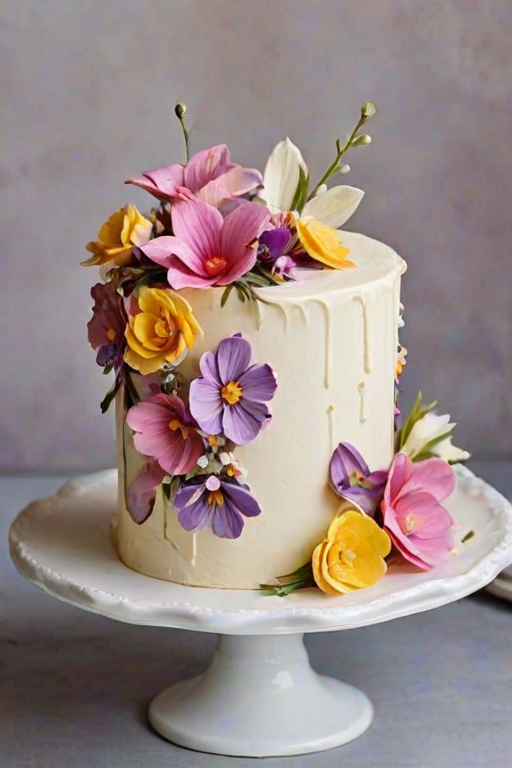 Create an image of a beautifully decorated cake. The cake should have a smooth white frosting and be adorned with intricate edible flowers in various colors, including pink, purple, and yellow. Some flowers should be larger and more prominent, while others are smaller and delicately placed. The cake should be partially sliced, showcasing its layers, and set against a simple, elegant background.