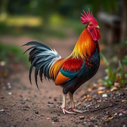 Regenerate an image of a vibrant rooster standing on a dirt path with a shallow depth of field, using a DSLR camera with a 50mm lens at f/2.8, ISO 200, shutter speed 1/500s, natural light for enhanced detail and color saturation.