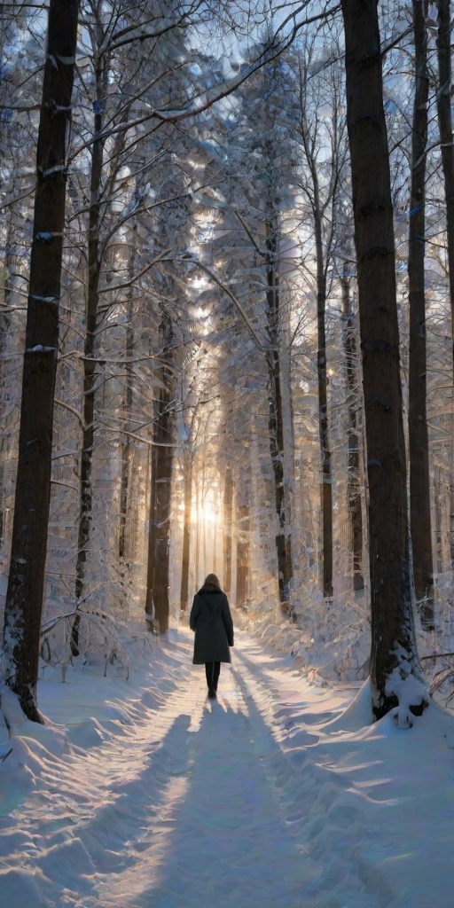 Snow-covered forest at twilight, with the last light of day casting long shadows on the snow, a woman in a thick coat walks through the trees, her breath visible in the cold air as she enjoys the peaceful scene.