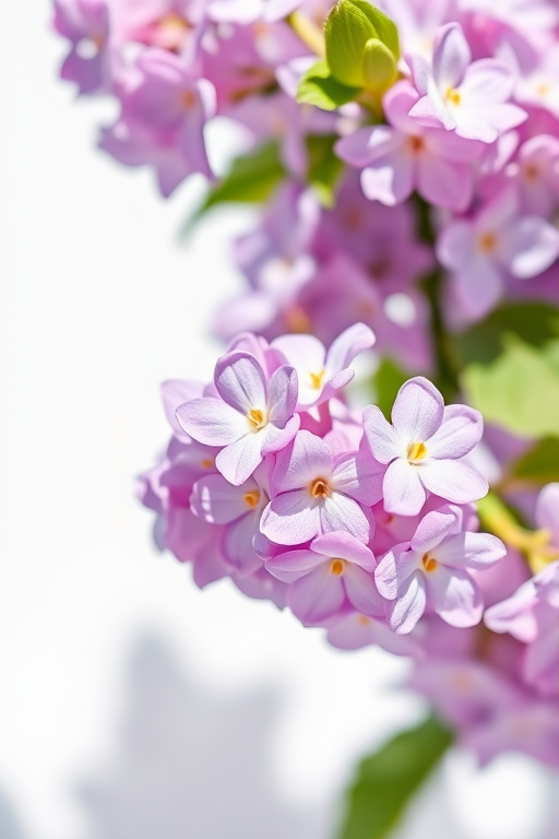 lilac flowers on a white background, macro photography, f/2.8 aperture, 50mm lens, ISO 100, sunlight illumination, high detail, soft shadows, shallow depth of field, DSLR camera.