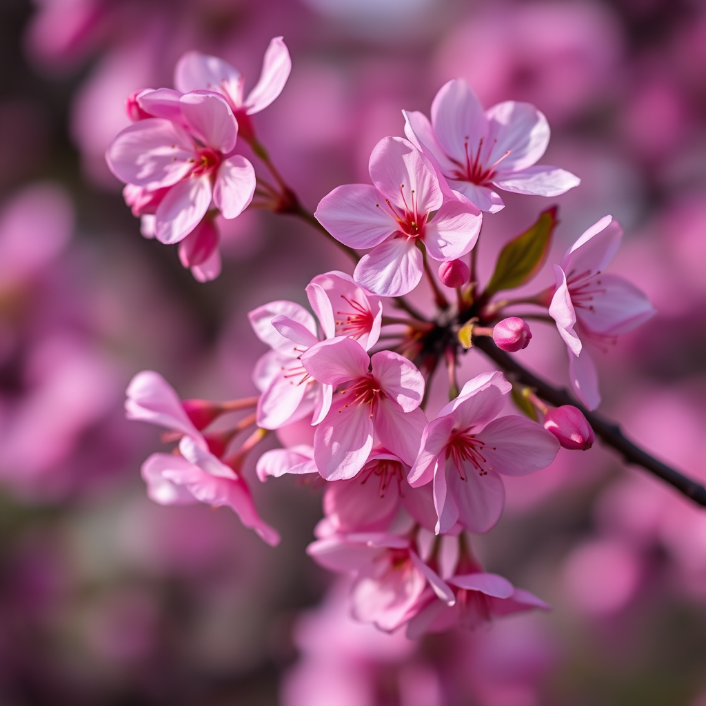A bouquet of pink cherry blossoms on a softly blurred background, captured with a shallow depth of field using a DSLR camera at f/2.8, ISO 100, 50mm lens, with natural soft lighting to enhance colors and details.