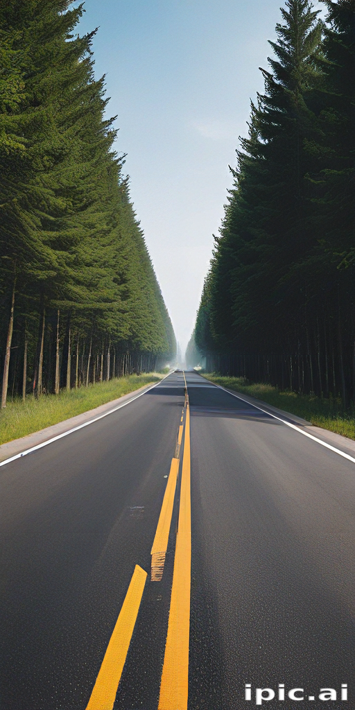 Endless Stretch of Road Surrounded by Lush Green Trees and Mist.