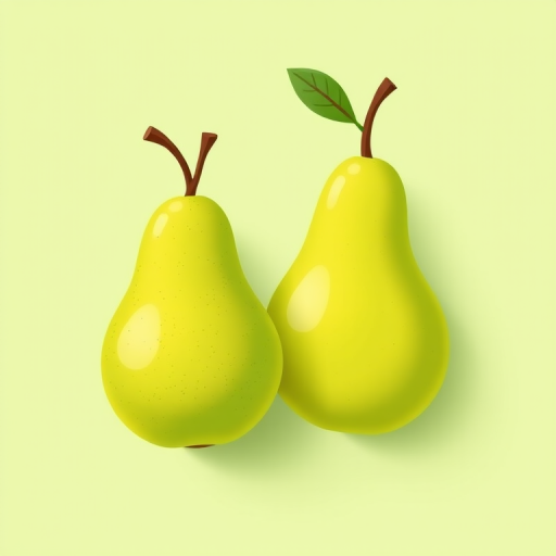 Create a digital illustration of two stylized green pears, one slightly larger than the other, against a soft pastel green background, using a high-resolution camera with an aperture of f/8, ISO 100, and a focal length of 50mm to capture sharp details and vibrant colors in an overhead view for a clean and modern look.