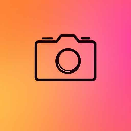 Create a high-resolution image of a minimalist camera icon with a vibrant gradient background blending orange and pink, using a Canon EOS R5 with 50mm f/1.2 lens, aperture set to f/2.8 for a soft bokeh effect, ISO 100, and shot in natural light.