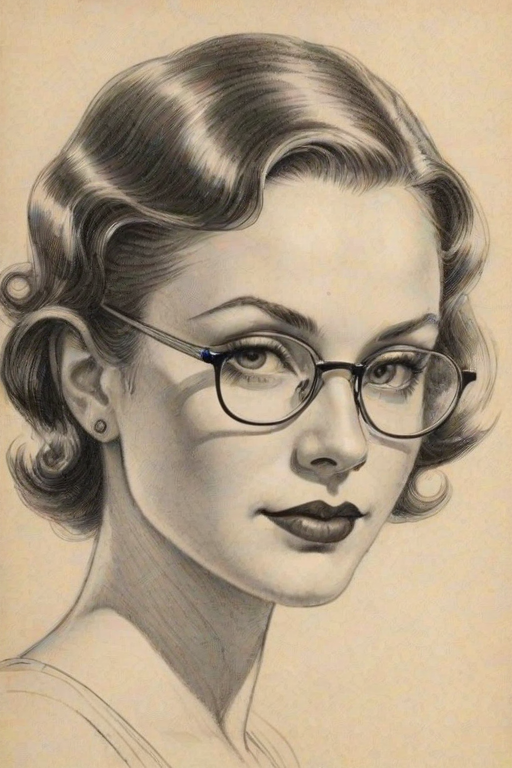 Appealing Retta, pencil sketch, portrait of Elegant woman 1935s in glasses, hair style beatnik, outline, clear lines, fine lines, 8k