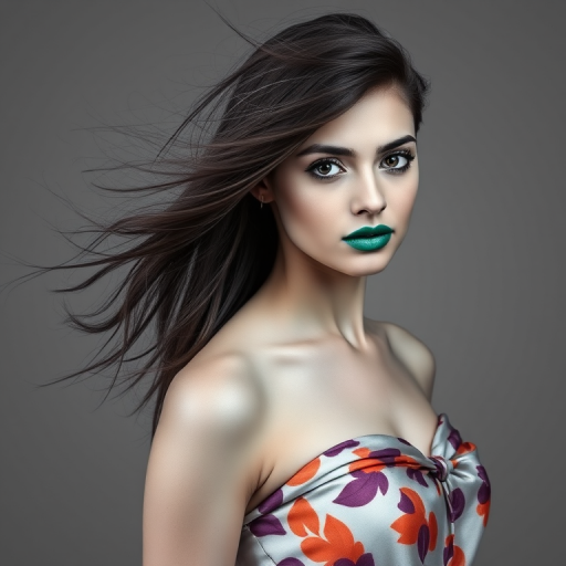 Photographic image of a beautiful young Assyrian woman, brown eyes, lips with green lipstick, long hair fluttering in the wind and wearing a silk strapless dress with a soft purple and orange print. monochrome image with only color highlights in the iris of the eyes, lipstick and dress. Gray background.