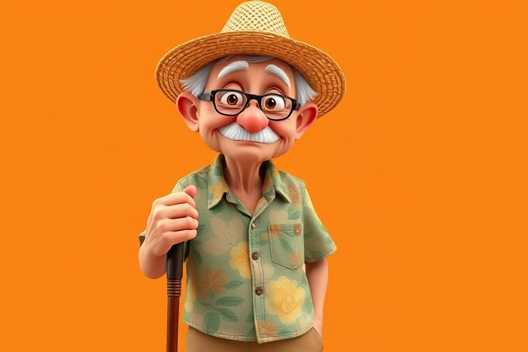 Create an image of a cartoon elderly character with a cane, wearing a floral shirt and a straw hat, standing against a solid orange background, with a DSLR camera using a 50mm lens, f/1.8 aperture, ISO 100, and 1/200s shutter speed for enhanced clarity and depth of field.