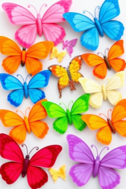 Generate an image of colorful butterflies in various shapes and sizes. Include butterflies in shades of pink, blue, orange, green, purple, and yellow. Arrange them in a playful and vibrant pattern, showcasing their unique designs and features.