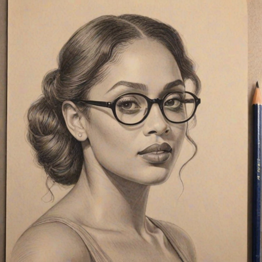 Resplendent La La Anthony, pencil sketch, portrait of Fascinating woman 1925s in glasses, hair style beatnik, outline, clear lines, fine lines, 8k