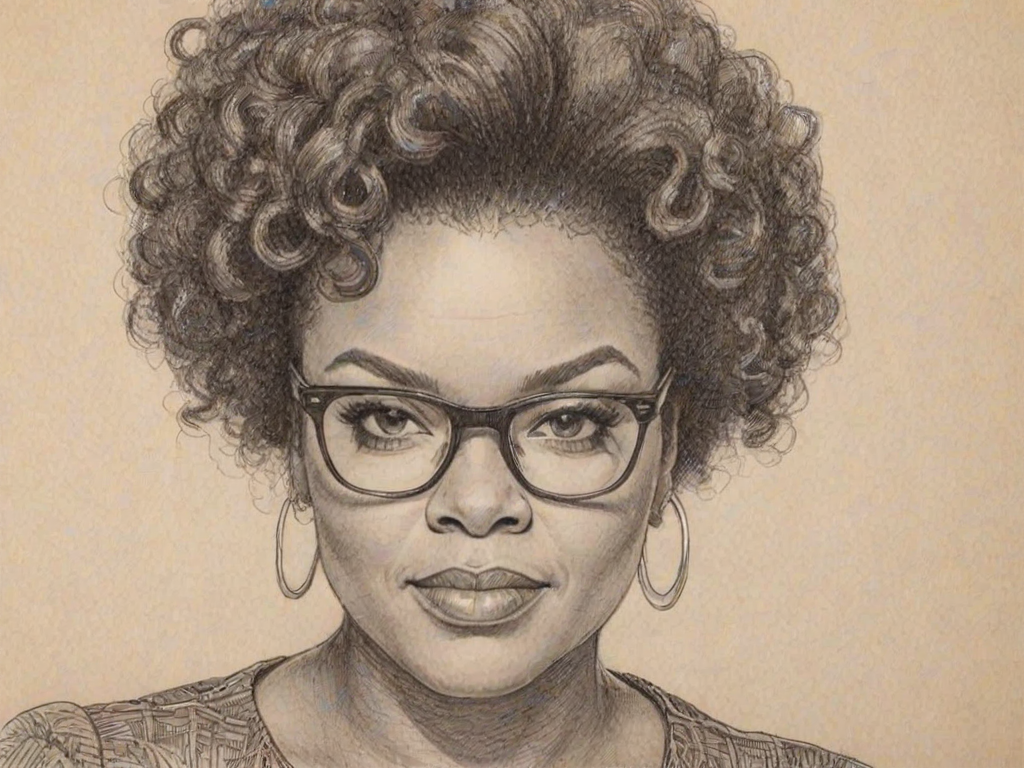 Graceful Yvette Nicole Brown, pencil sketch, portrait of Bewitching woman 1975s in glasses, hair style beatnik, outline, clear lines, fine lines, 8k