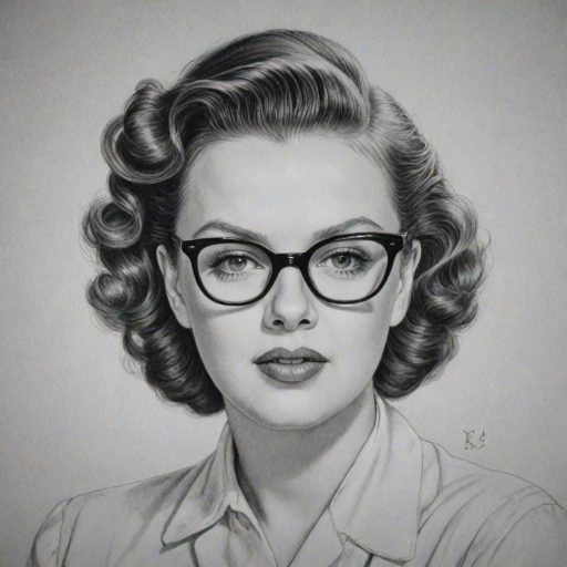 Fascinating Judy Garland, pencil sketch, portrait of Wonderful woman 1943s in glasses, hair style beatnik, outline, clear lines, fine lines, 8k