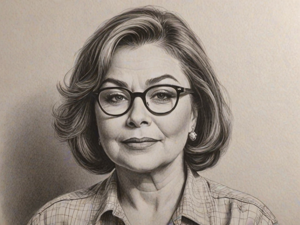 Attractive Roseanne Barr, pencil sketch, portrait of Fascinating woman 1959s in glasses, hair style beatnik, outline, clear lines, fine lines, 8k
