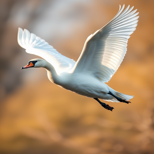 Capture a high-resolution image of a flying swan in natural light, using a Canon EOS 5D Mark IV with a 70-200mm f/2.8 lens at ISO 200, aperture f/4, and a shutter speed of 1/2000s, shot from a low angle to emphasize the wingspan against a blurred background.