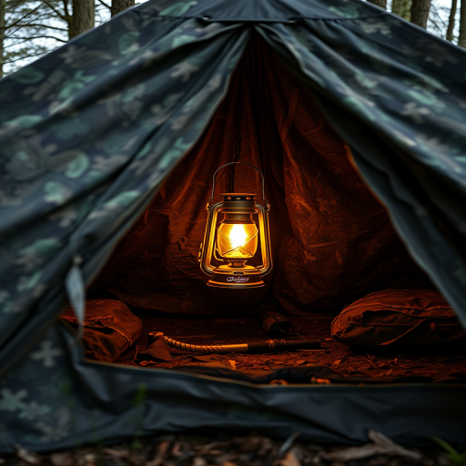 Generate a high-quality image of a camouflage tent with the interior lit by a lantern, shot with a 50mm lens at f/2.8 aperture, ISO 200, in natural daylight, from a slightly elevated angle using a DSLR camera.
