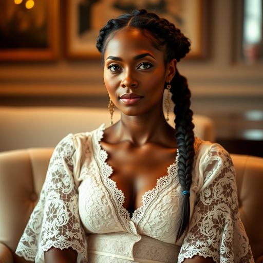 Create a portrait of a refined and elegant Torres Strait Islander woman seated in a sophisticated setting. She has long, wavy hair styled in two thick braids that are pulled over her shoulders. She wears a white, lace gown with intricate patterns, featuring a deep V-neckline and short sleeves. The dress exudes a vintage charm with its delicate lacework. She is adorned with ornate, dangling earrings that add a touch of glamour to her appearance. The background is softly lit, with warm, ambient lighting that creates a cozy and inviting atmosphere. Her expression is poised and serene, capturing a sense of grace and elegance.