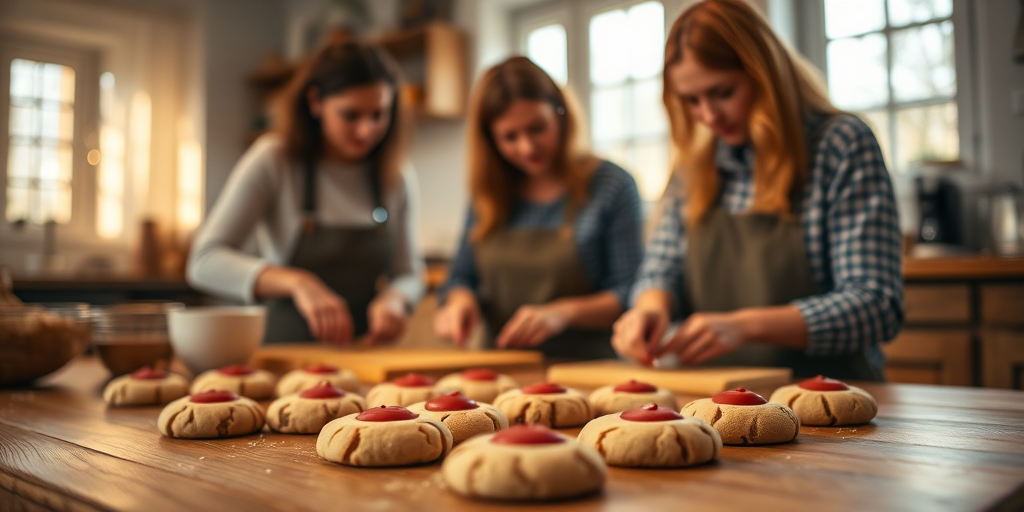 Create an image of a cozy kitchen scene with three women baking cookies, warm lighting, a wooden table with freshly baked cookies in focus, shallow depth of field, ISO 400, aperture f/2.8, 35mm lens, natural light from the windows, capturing a warm and inviting atmosphere.