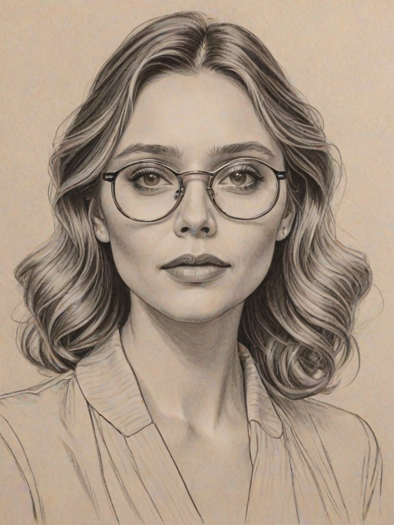 Magnificent Elizabeth Olsen, pencil sketch, portrait of Resplendent woman 1938s in glasses, hair style beatnik, outline, clear lines, fine lines, 8k
