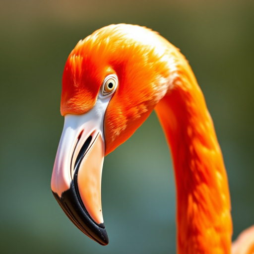 Create a detailed vector illustration of a flamingo's head with vibrant orange and pink colors, using a shallow depth of field for emphasis, shot with a DSLR camera at f/2.8, ISO 100, and a focal length of 50mm, capturing the subject in natural light for enhanced details and clarity.