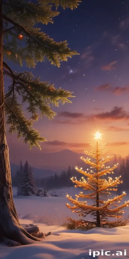 A Serene Winter Landscape Featuring a Beautifully Lit Christmas Tree
