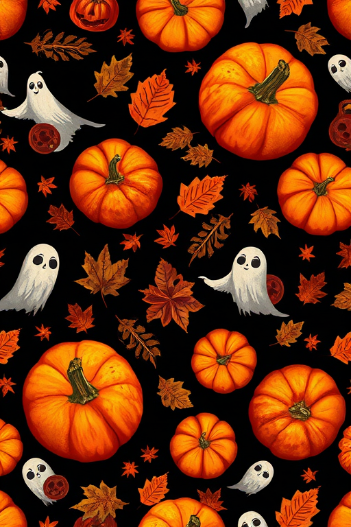 Create a seamless pattern of Halloween-themed elements including various pumpkins, autumn leaves, and ghostly figures on a dark background, shot with a Canon EOS R5, 50mm f/1.8 lens, aperture f/4, ISO 100, using a top-down view and vibrant color settings to enhance quality and detail.
