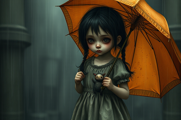 An eerie, weird little girl with dark hair in thin pigtails, wearing a smock dress, standing in the rain, holding a dirty orange umbrella, a small, odd creature beside her. In a surreal style inspired by Nicoletta Ceccoli and Brian Froud. Dark fantasy themes