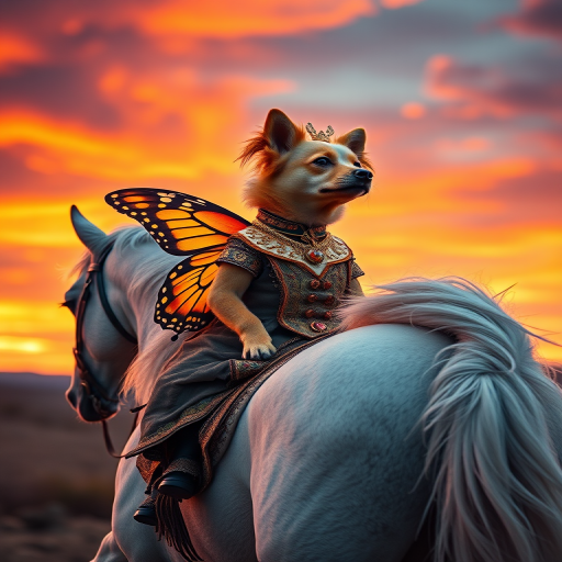 A majestic butterfly dog dressed in an elegant outfit riding a beautiful white horse, surrounded by a dramatic sunset sky, with vibrant colors, golden details, and dynamic movement, shot with a Canon EOS R5, 50mm lens, f/1.8, ISO 200, at a 1/2000 sec shutter speed, in a surreal artistic style.