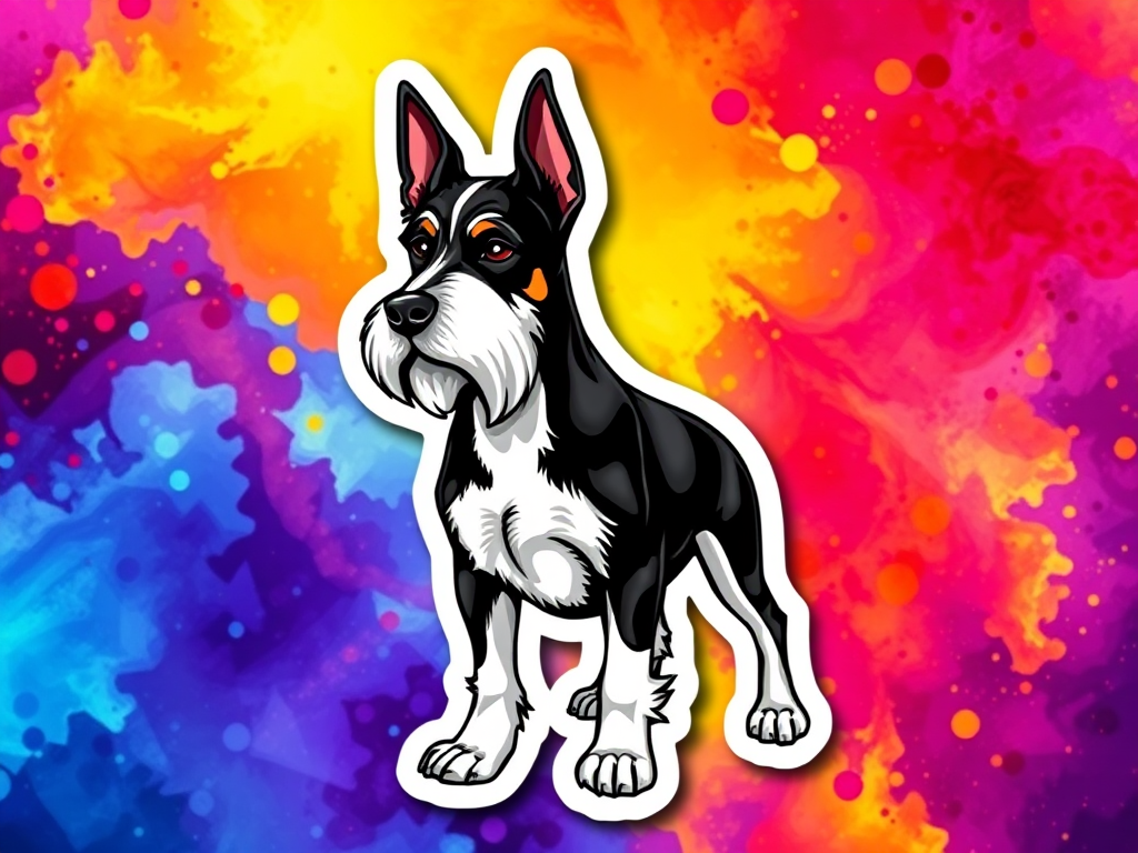 imagine sticker, 3D black and white rottle dog breed, colorful background