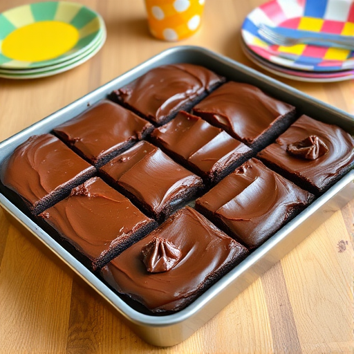A freshly baked pan of chocolate brownies with a glossy frosting cut into squares sitting on a wooden table with colorful plates and checkered cups in the background.