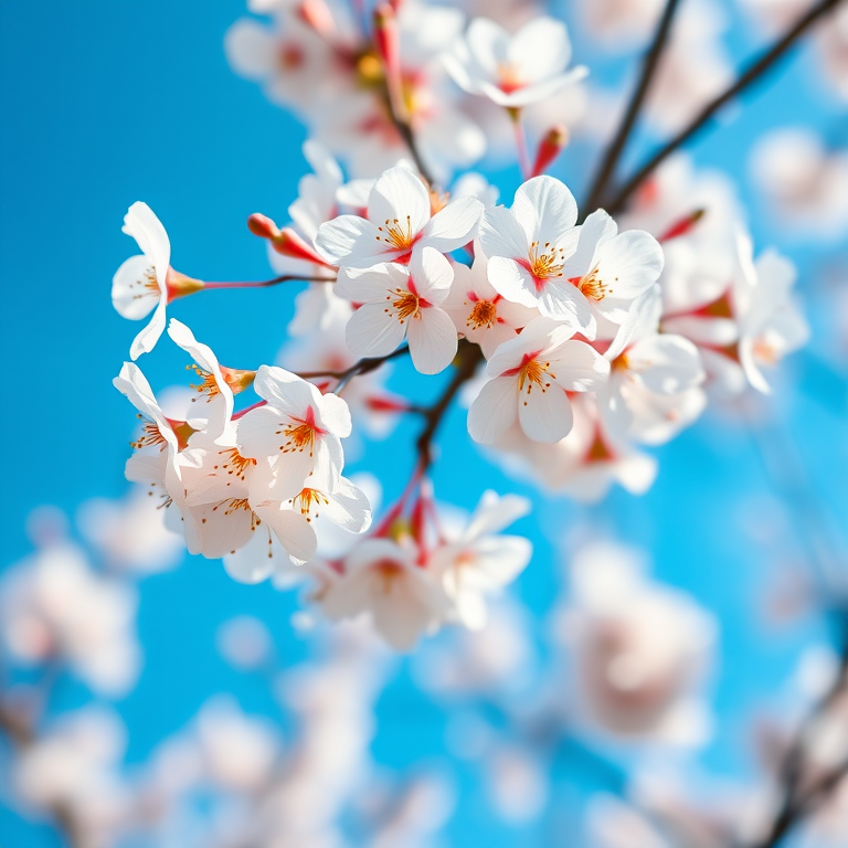 Cherry blossoms in full bloom against a bright blue sky, soft focus background, macro view, shallow depth of field, f/2.8 aperture, 50mm lens, ISO 200, natural light, DSLR camera