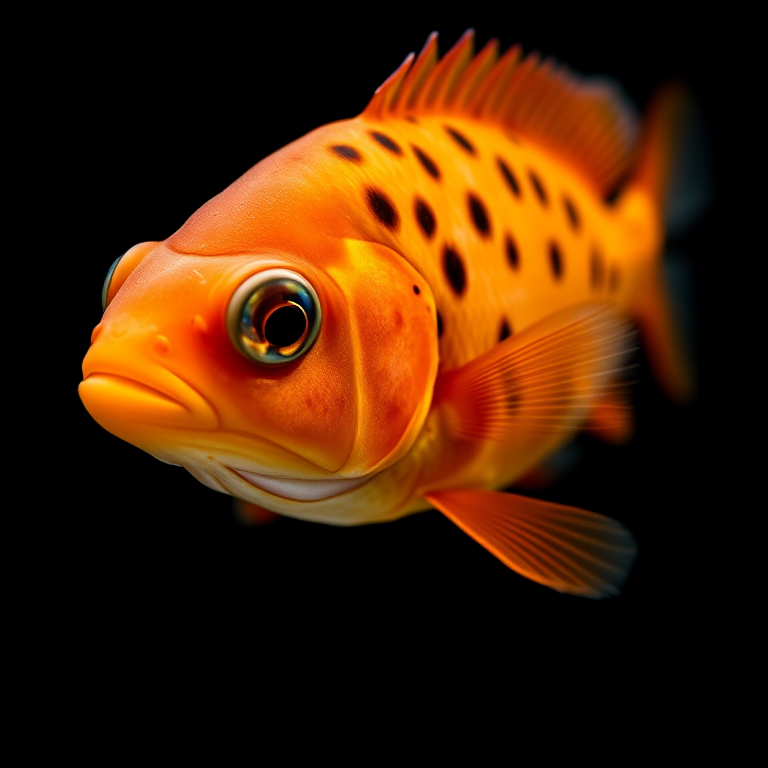 Regenerate a close-up shot of a brightly colored fish with orange and black spots on a pure black background, using a DSLR camera, focal length 100mm, aperture f/2.8, ISO 200, and soft diffused lighting for enhanced detail and clarity.