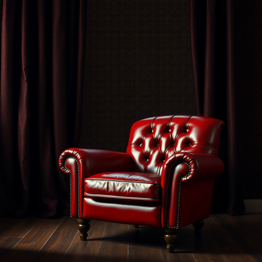 create a glossy red leather armchair in a dimly lit room with textured dark curtains and a rich patterned backdrop, using a DSLR camera with a 50mm lens, aperture set to f/2.8, ISO 100, shallow depth of field, and soft diffuse lighting to enhance detail and depth.