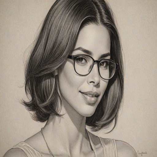 Comely Roselyn Sanchez, pencil sketch, portrait of Graceful woman 1929s in glasses, hair style beatnik, outline, clear lines, fine lines, 8k