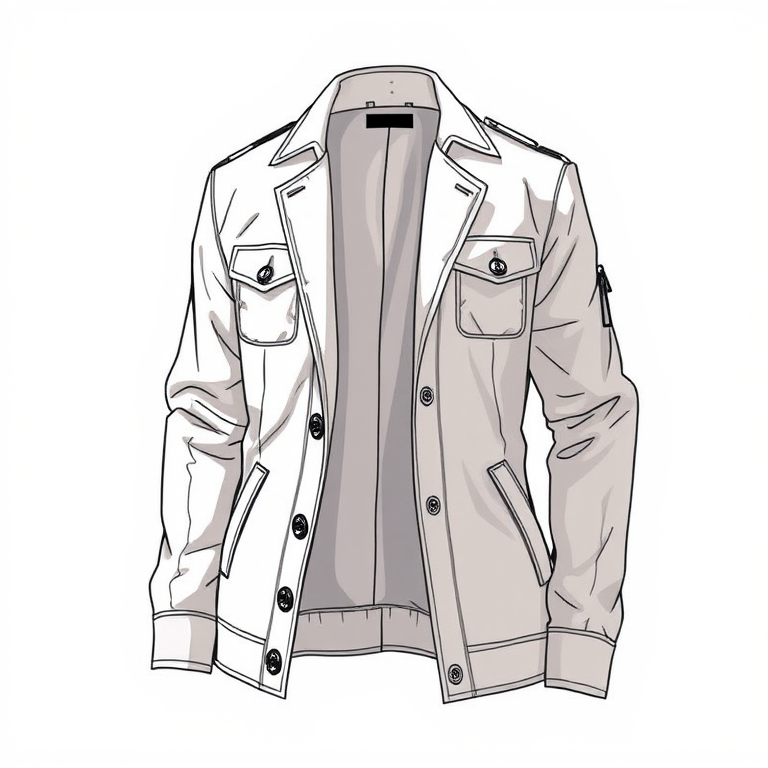 Create a detailed illustration of a stylish jacket with a modern design, featuring an open front, long sleeves, and multiple buttons, captured in a well-lit studio environment, using a DSLR camera with an aperture of f/2.8, shutter speed of 1/125s, ISO 100, focal length of 50mm for sharp details and a blurred background.