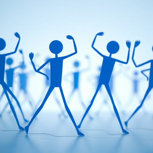 create a vibrant illustration of abstract blue stick figures in dynamic poses, using a wide-angle lens with an aperture of f/8 for depth of field, set in a studio lighting environment, captured with a DSLR camera for high resolution and clarity
