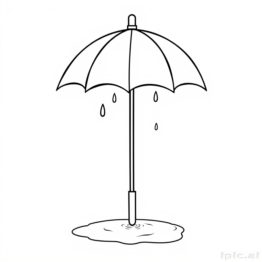 A simple vector line drawing of A closed umbrella with its tip pointed down, standing on a wet surface. Water droplets are slowly dripping from the umbrella's fabric, forming a small puddle on the ground below. in black and white.