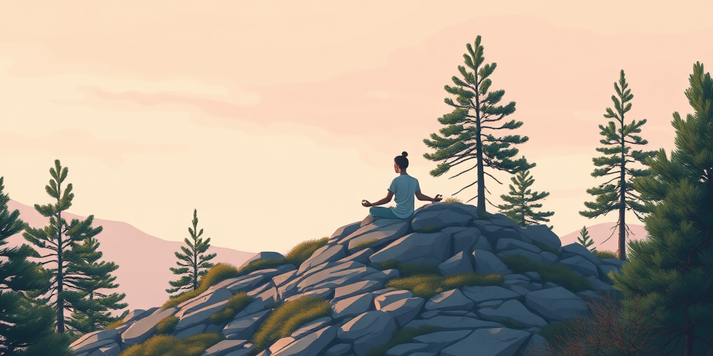 create a digital illustration of a serene scene featuring a person meditating on a rocky hill surrounded by pine trees, with a soft pastel sky in the background, using a Canon EOS R5, 50mm lens, f/2.8, ISO 100, 1/125s for a crisp focus and vibrant colors