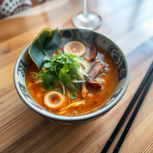 Close-up of a steaming bowl of ramen, garnished with fresh herbs and vegetables, set on a wooden table with chopsticks resting beside it, creating an inviting culinary scene.