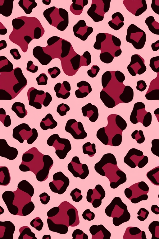 Generate a seamless leopard print pattern with abstract shapes in shades of burgundy on a light pink background using a high-resolution setting, 50mm lens, f/2.8 aperture, ISO 100, overhead view, digital camera style.