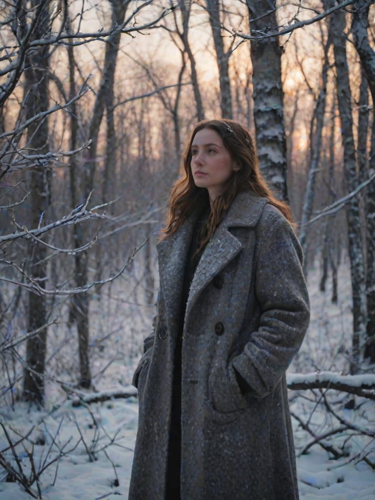 Snow-covered forest at twilight, the last light of day filtering through bare branches, a woman in a thick wool coat stands still, her breath visible in the frosty air as she gazes at the falling snow.