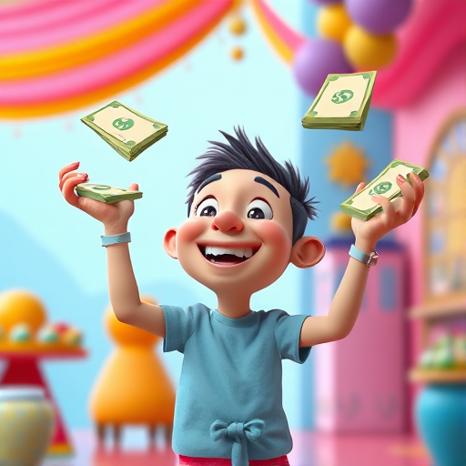 Create a cartoon-style image of a happy character juggling stacks of money in a colorful, vibrant setting, using a Canon EOS R5 with a 50mm lens, aperture f/1.8, shutter speed 1/200s, and ISO 100, focusing on bright colors and dynamic expressions.