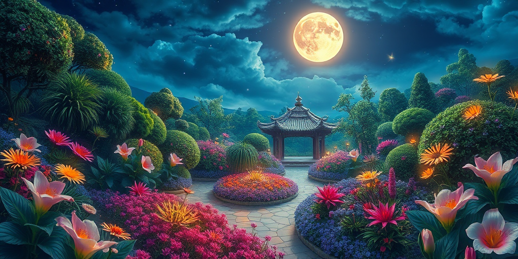masterpiece, best quality, detailed, detailed background,mesmerise celestial moonlight,floral atmosphere,vibrant light-trail effect on a realistic,hyperdetailed glowing floral,luminous foliage,dreamlike oasis-garden, landscape, wide shot,