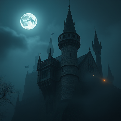 A gothic castle under a full moon with a mystical atmosphere, surrounded by fog and eerie lighting, taken with a DSLR camera at f/8, ISO 200, 24mm lens, long exposure to enhance details and depth.