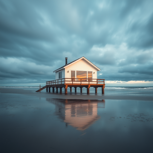 capture a minimalist beach house on stilts at low tide with moody clouds, use a Canon EOS R5 with a 24-70mm f/2.8 lens, aperture set to f/8 for depth of field, ISO 100, shutter speed 1/250 seconds, wide-angle view to emphasize the surroundings and soft natural lighting for clarity
