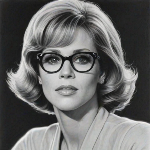 Alluring Jane Fonda, pencil sketch, portrait of Charming woman 1932s in glasses, hair style beatnik, outline, clear lines, fine lines, 8k