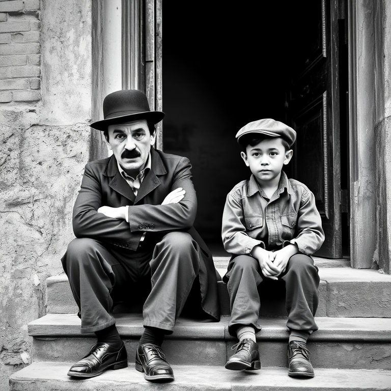 A black-and-white photograph of a man and a child sitting on steps in front of a doorway. The man is dressed as a tramp with a bowler hat, mustache, and ragged clothes, reminiscent of Charlie Chaplin's iconic look. He is sitting with his arms crossed and an expression of slight sadness or frustration. Next to him is a young boy, also in worn clothes and a cap, sitting with his hands clasped, looking thoughtful. The background is an old, textured wall and a partially open door, creating a vintage, early 20th-century atmosphere.