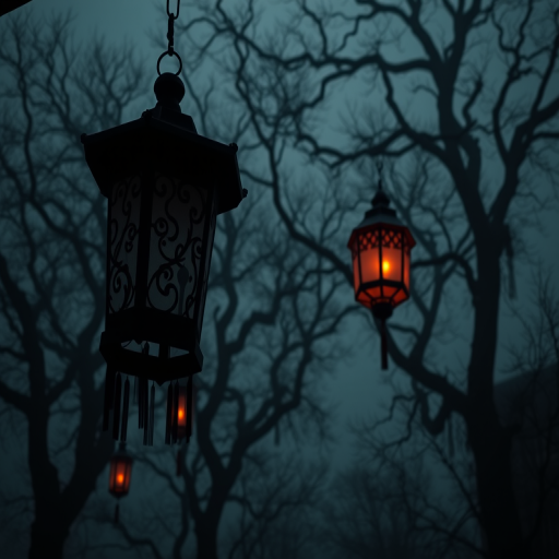 Create a dark, atmospheric scene featuring silhouettes of ornate lanterns against a misty background with twisted trees, using a Canon EOS R5, f/2.8, ISO 100, 50mm lens, shot from a low angle to emphasize the lanterns and create depth.